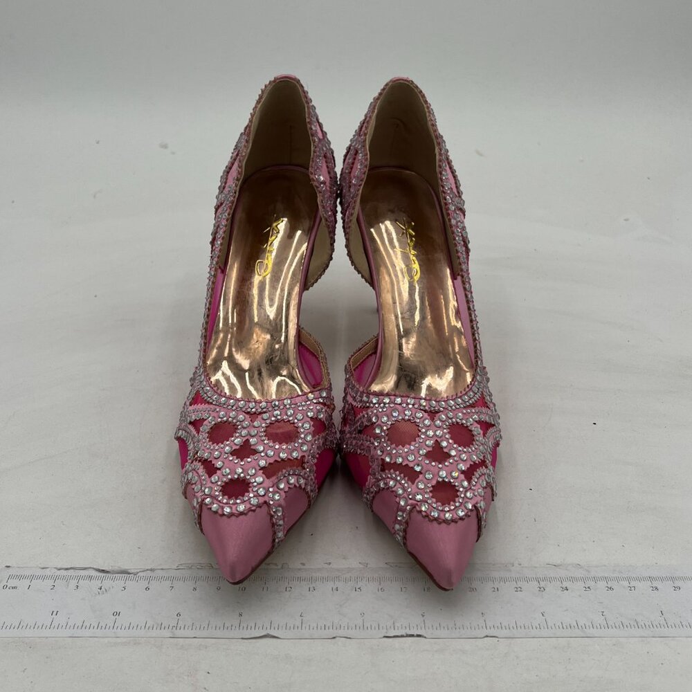 XYD Pink Pointy Toe Crystal Studded Bridal High Heel Slip On D'Orsay Mesh Pumps - Picture 3 of 8